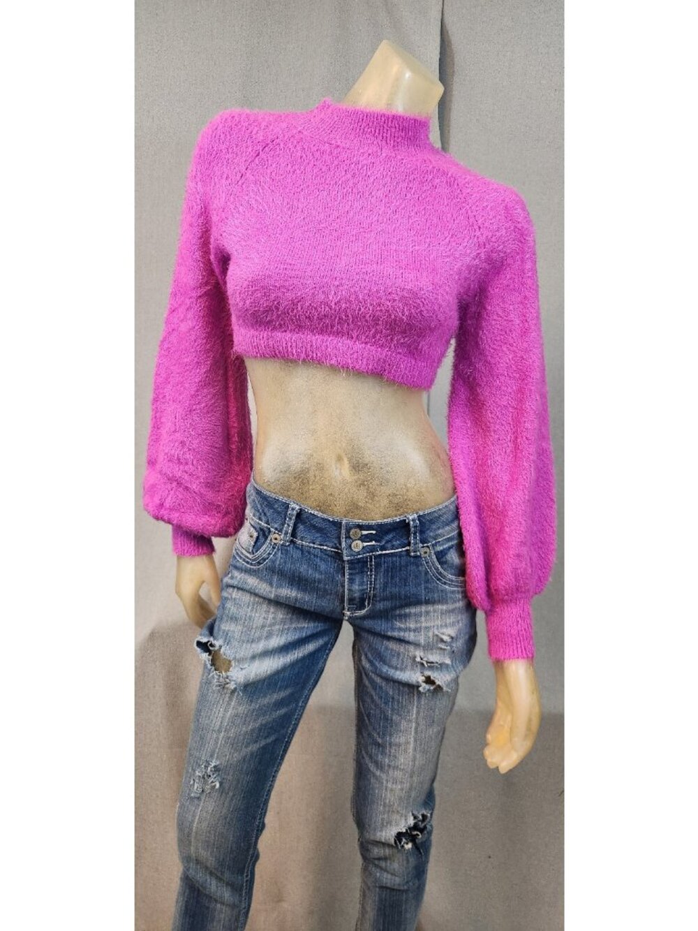 Altar'D State Solid Pink Cropped Crew Neck Long Sleeve SMALL Womens NEW - Picture 1 of 6